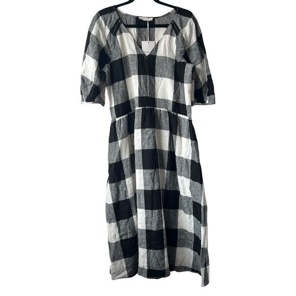 Everlane Linen Oversized Puff Sleeve Check Pattern Midi Dress Size S - Picture 2 of 13